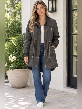 Anna Cai Women’s Anorak Black Trench Coat Chic Rain Jacket Pockets Gold Zip Snap